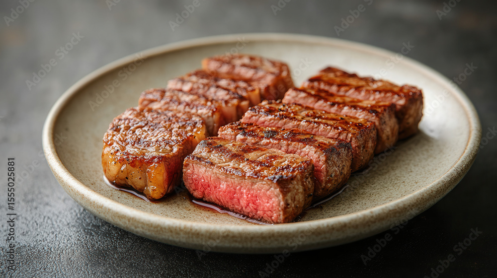 Obraz premium juicy grilled steak served on white rectangular plate with minimal garnish 