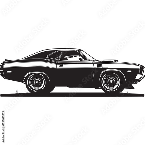 Vintage Muscle Car Vector – Classic Retro American Automobile Illustration in Black and White