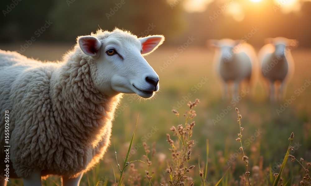 Obraz premium Serene Sheep Grazing in Golden Sunlit Meadow at Dusk
