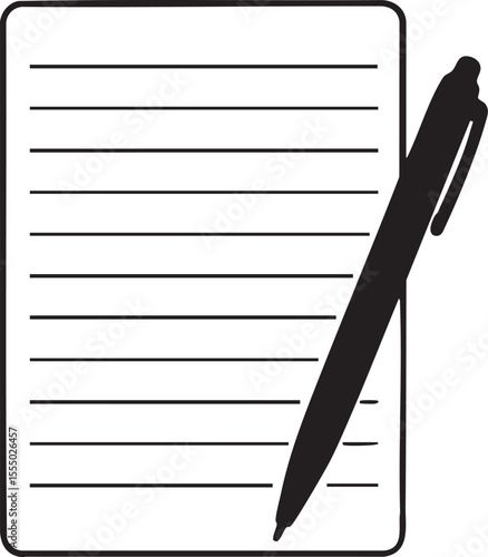 Simple Black and White Illustration of a Notepad with Lines and a Pen black white