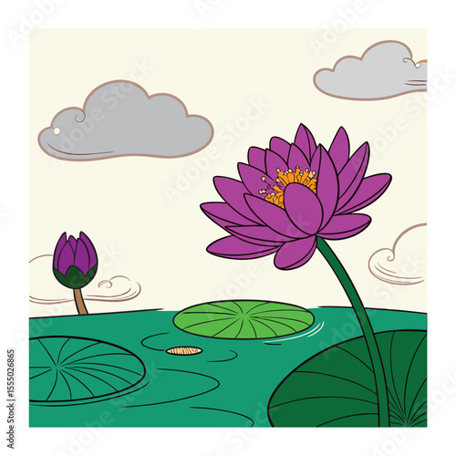 Purple color Water Lily with leaves