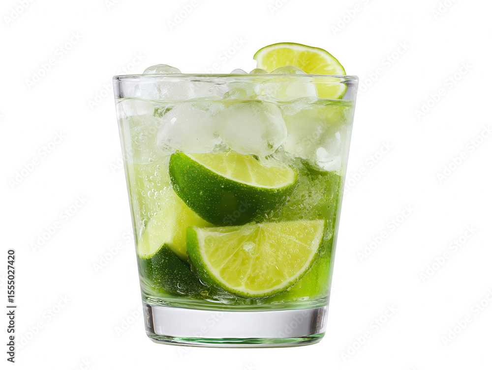 Caipirinha Cocktail with Lime and Ice on White Background Caipirinha Cocktail with Lime and Ice on White Background