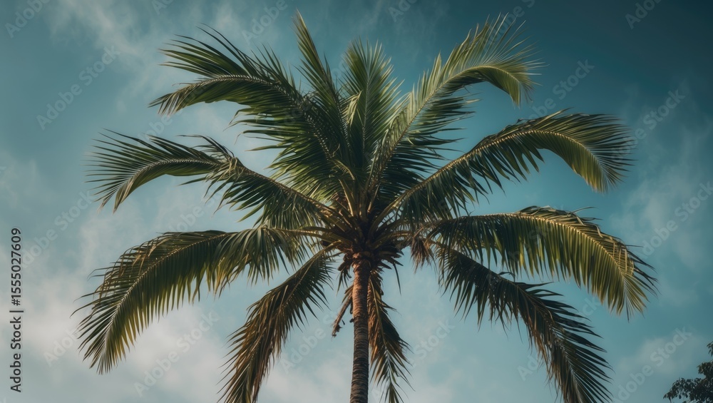 Fototapeta premium A palm tree against a blue sky with clouds.