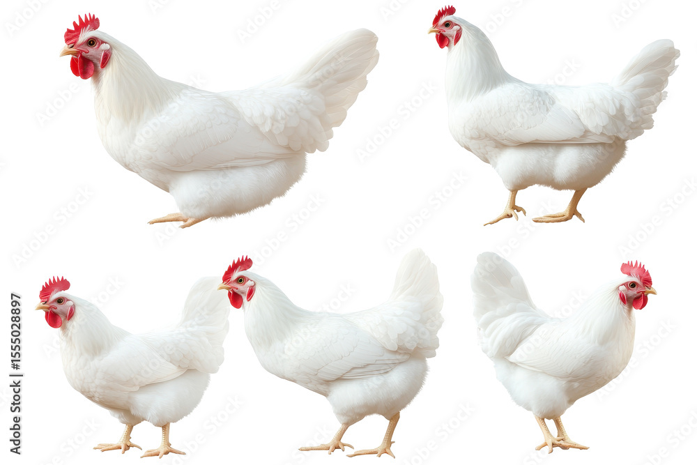 Fototapeta premium Collection of white chickens standing elegantly showcasing their feathers and vibrant combs in a bright setting