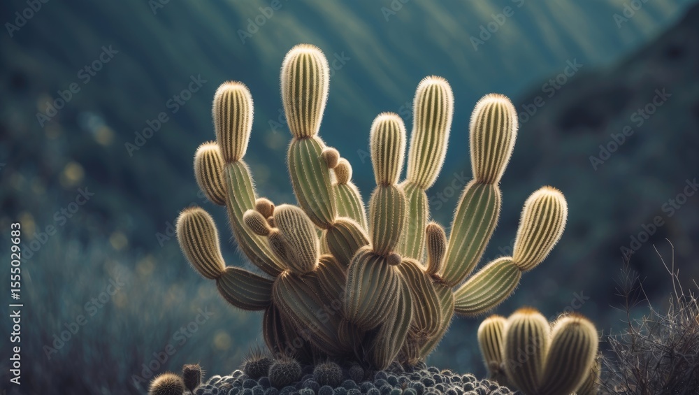 Fototapeta premium Cactus plant with multiple arms growing in a natural environment. Desert flora and succulent growth. The cactus as a desert plant.