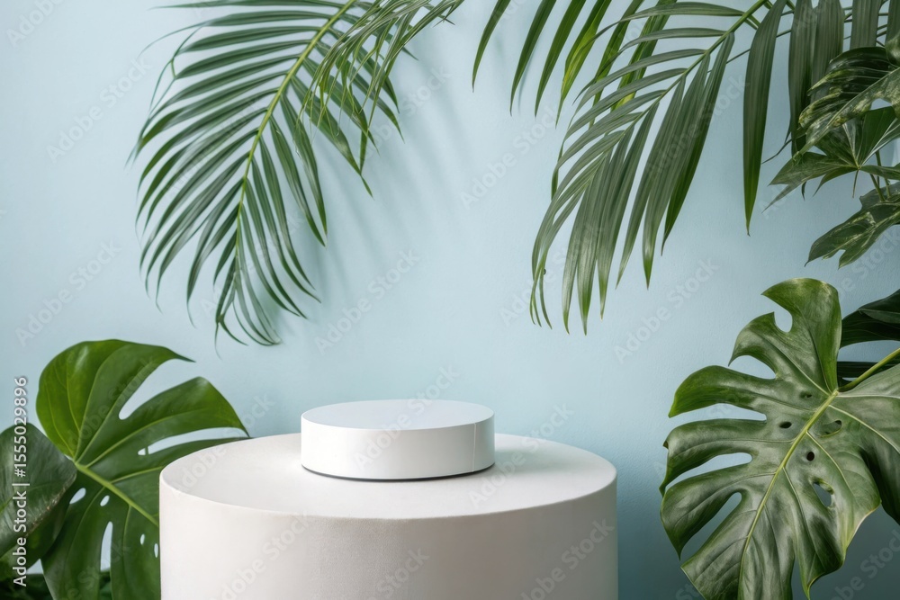Obraz premium Minimalist product display with tropical leaves and a light blue background