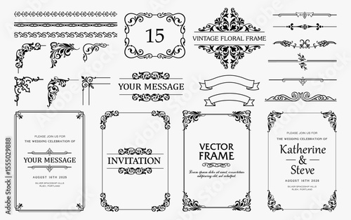 Design elements set, decorative flourish border corner and frame collection for invitation, menu and page decoration