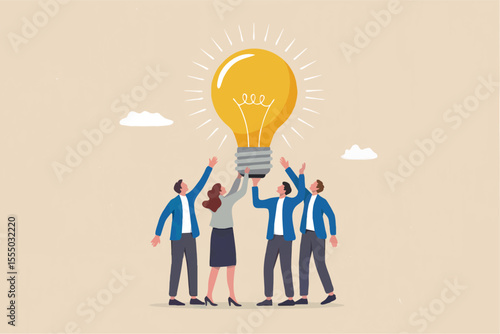 Teamwork and innovation people holding up a light bulb isolated on transparent background