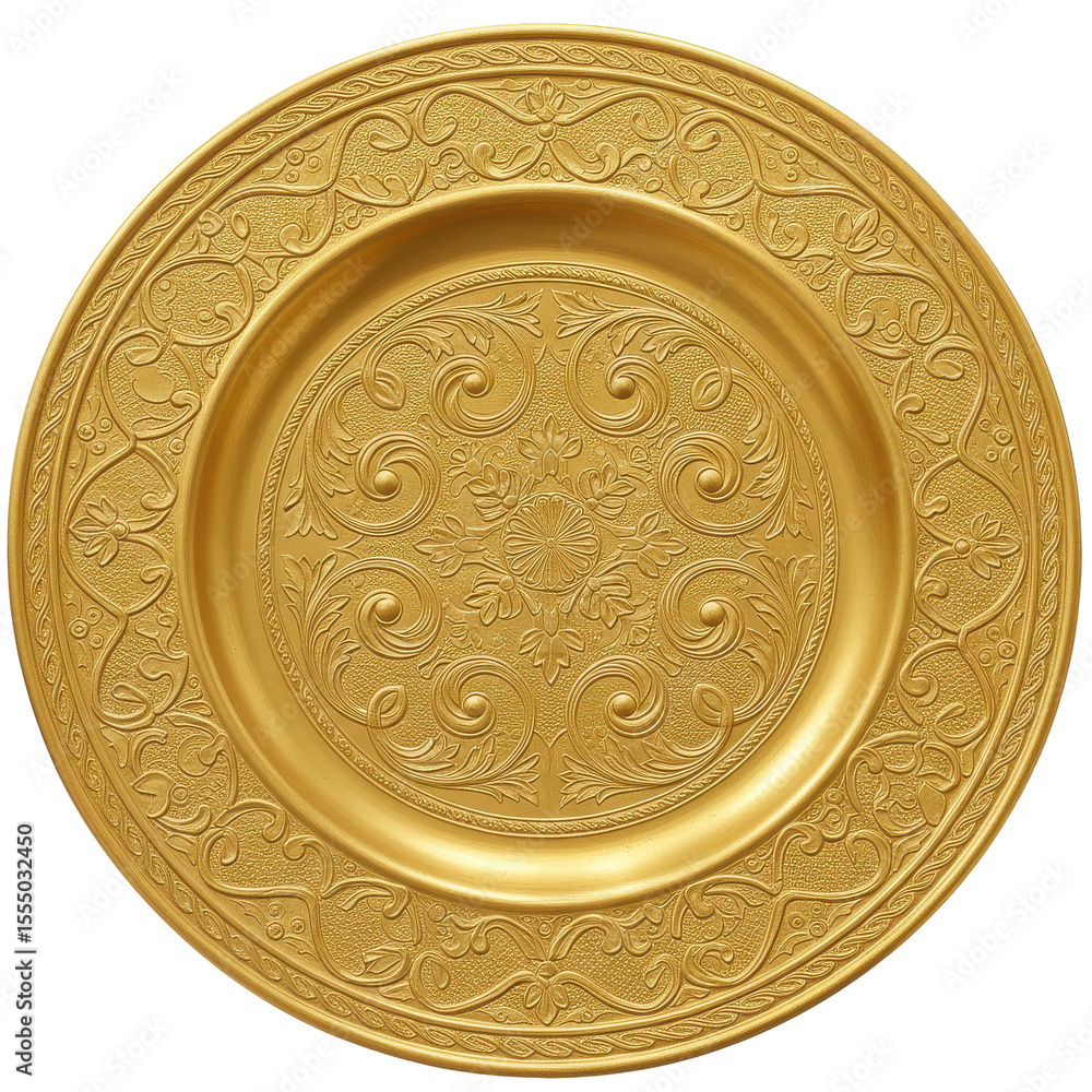 Fototapeta premium Ornate golden plate with intricate floral patterns, ideal for elegant dining settings or events