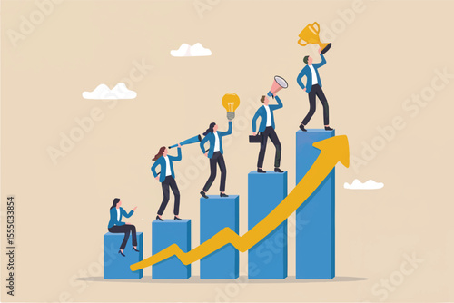 Flat cartoon vector illustration of business people climbing a bar graph with a trophy isolated on transparent background