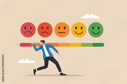 Customer satisfaction rating with a man adjusting the scale isolated on transparent background