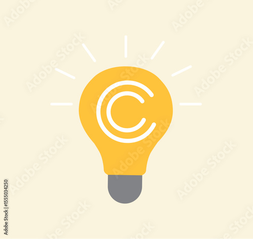 Light bulb idea with copyright symbol, copyright reserved, trademark intellectual property protection, original idea or innovation, legal or law protection registered concept.