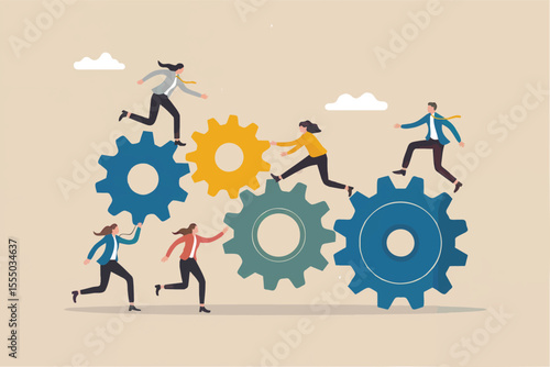 Business people running on gears isolated on transparent background
