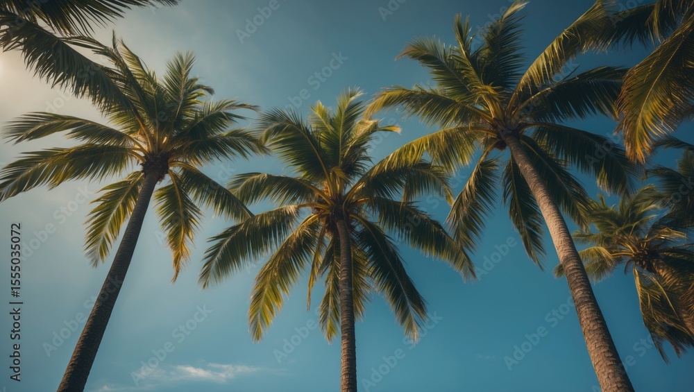 Obraz premium A cluster of palm trees against a blue sky with bright sunlight.