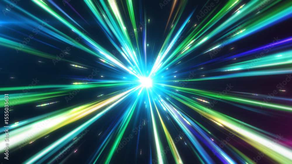 Obraz premium 放射状に広がるカラフル光線の集中線背景 / スピード感ある光エフェクト素材