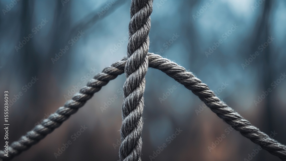 Close-up of knotted rope with a blurred forest background, focusing on the texture and detail of the rope strands. Close-up of knotted rope with a blurred forest background, focusing on the texture and detail of the rope strands.