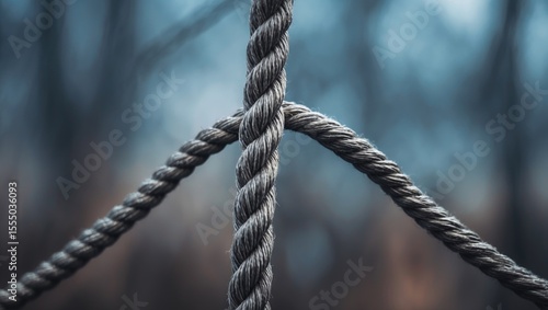 Close-up of knotted rope with a blurred forest background, focusing on the texture and detail of the rope strands.