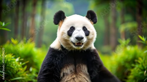 Gentle giant: A panda's kind gesture in a lush green forest setting