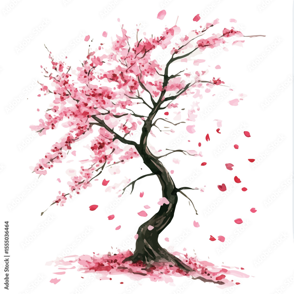 Fototapeta premium Windy Cherry Blossom Dance, watercolor painting vector, isolated on a white background.