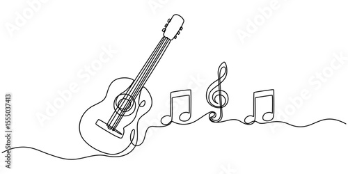 guitar and notes, Abstract guitar as continuous one line drawing on white background. Vector illustration, Continuous line drawing of man playing guitar with music notes isolated on white background.