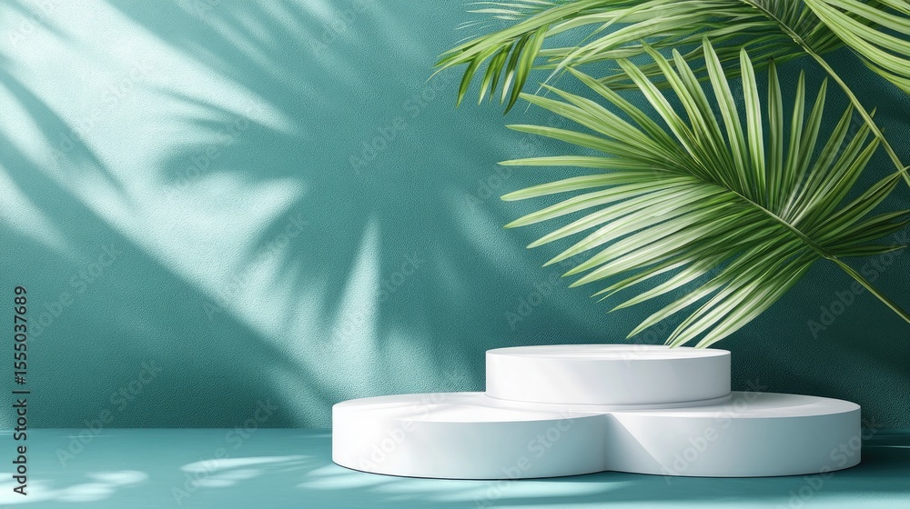 White pedestal display with tropical foliage and teal backdrop. White pedestal display with tropical foliage and teal backdrop.