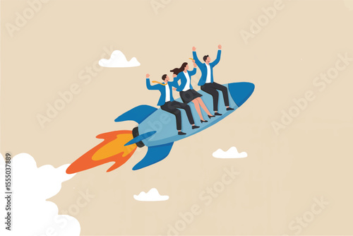 Flat cartoon vector illustration of three business people riding a rocket isolated on transparent background
