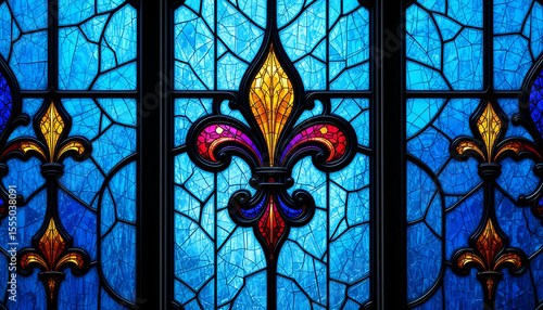 Colorful Stained Glass Window with Fleur de Lis Design and Blue Background
