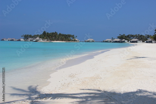 Resort in a tropical beach in Maldives with palm and shoreline