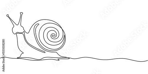 Snail continuous one line drawing isolated on white background best use for logo banner minimalism, Elegant Continuous Line Drawing of a Snail Shell Gastropods Mollusk Illustration, One single line