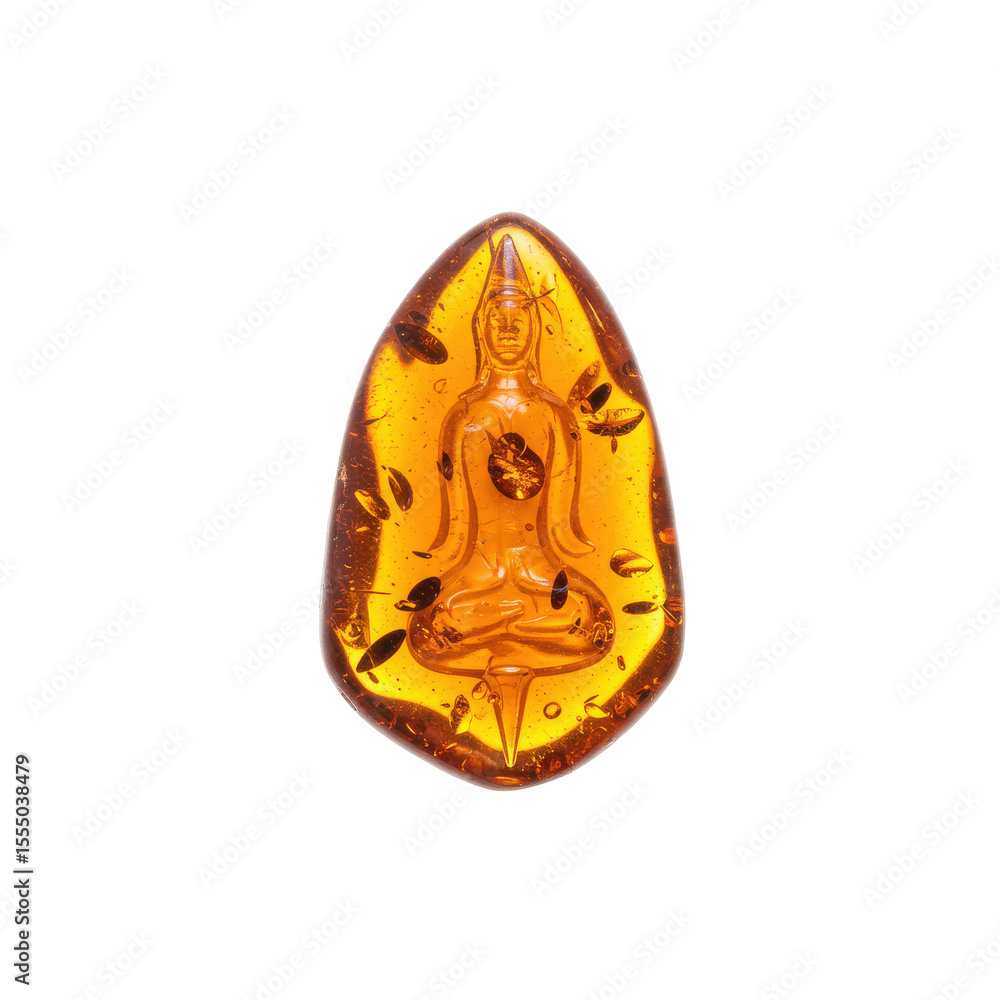 Amber gemstone with Buddha carving, showcasing intricate details and natural inclusions Amber gemstone with Buddha carving, showcasing intricate details and natural inclusions