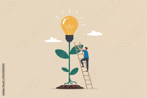 Man climbing a ladder to a growing light bulb plant isolated on transparent background