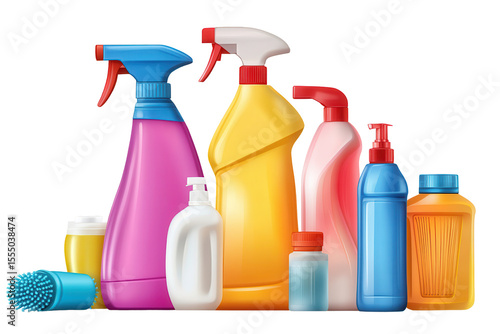 Collection of various isolated cleaning products on a transparent background arranged for household cleaning tasks and organization purposes in a vibrant display