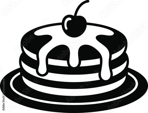 Black and white pancake stack with syrup and cherry on a plate simple vector illustration for menu logo