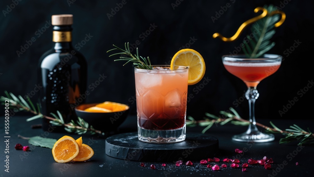 Fototapeta premium A cocktail with lemon garnish, a bottle, and glasses on a dark surface with botanicals and fruit slices, creating a stylish drink scene.