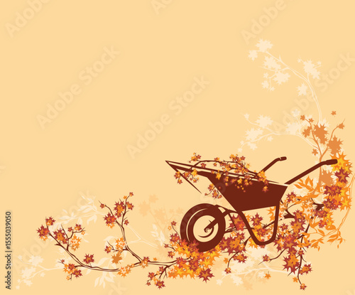 garden cart full of tree branches with bright foliage  - wheelbarrow gardening tool autumn season vector copy space poster design