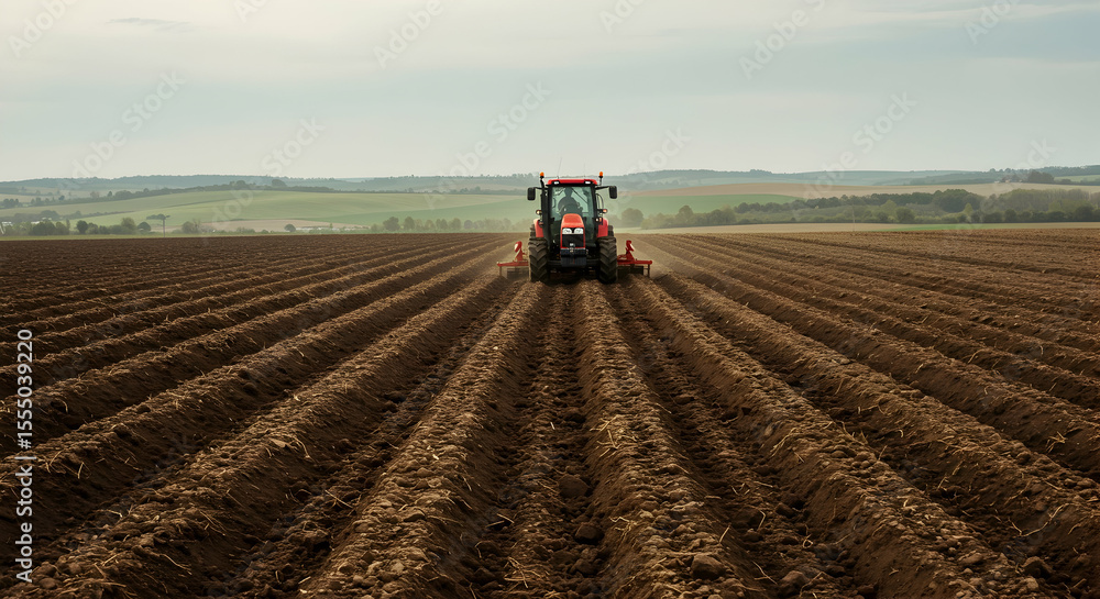 Fototapeta premium Modern Tractor Cultivating Vast Agricultural Field in Springtime Rural Landscape