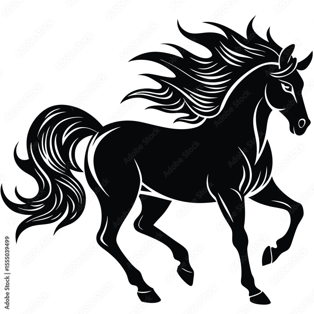 Obraz premium Black Silhouette of a Horse Running Mane and Tail Flowing Dynamic Pose Powerful Stance