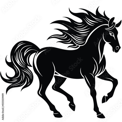 Black Silhouette of a Horse Running Mane and Tail Flowing Dynamic Pose Powerful Stance
