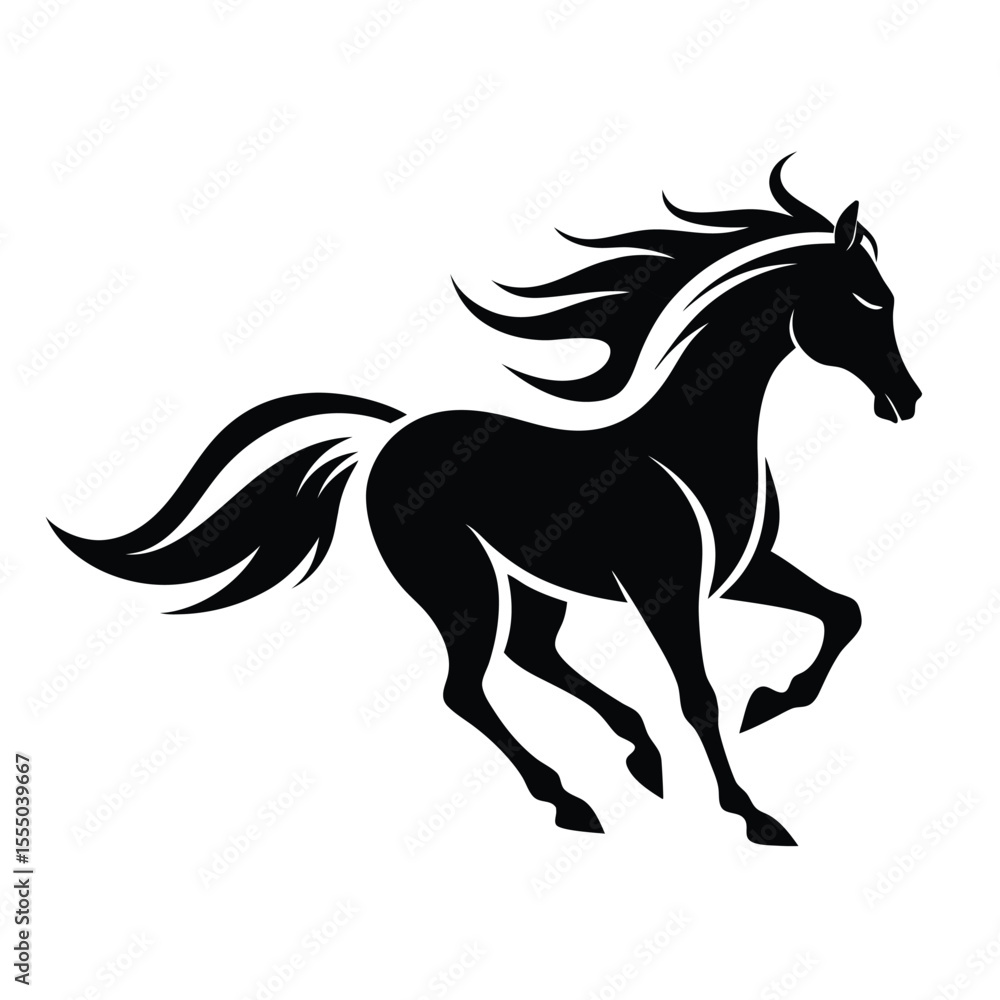 Fototapeta premium Black Silhouette of a Running Horse with Flowing Mane and Tail White Background vector