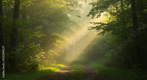 Sunbeams Illuminating a Misty Forest Path A Serene Nature Escape
