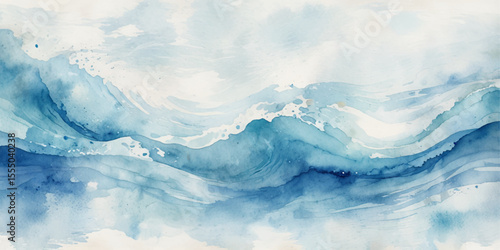 Blue ocean wave background. Blue and white water ocean background. Wavy line background. Hand drawn watercolour ocean background. Vector illustration.

