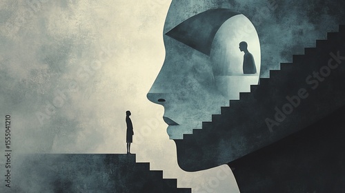 Fototapeta Naklejka Na Ścianę i Meble -  A large, abstract face with stairs leading to a smaller, shadowed figure