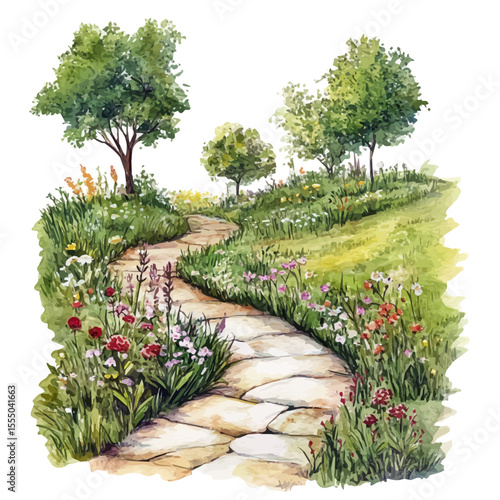 Winding Path Blooming Valley, watercolor vector, isolated on a white background.