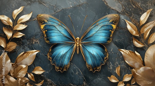 A magnificent blue butterfly, detailed and vibrant, rests amid luxurious gold leaves on a dark stone surface