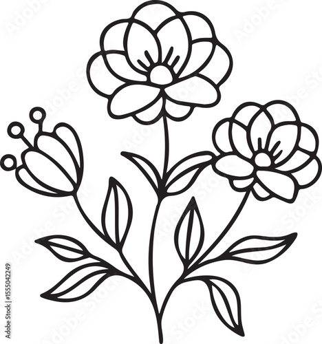 Peony Flower Line Art Vector in Black and White Featuring High Contrast Minimal Botanical Style