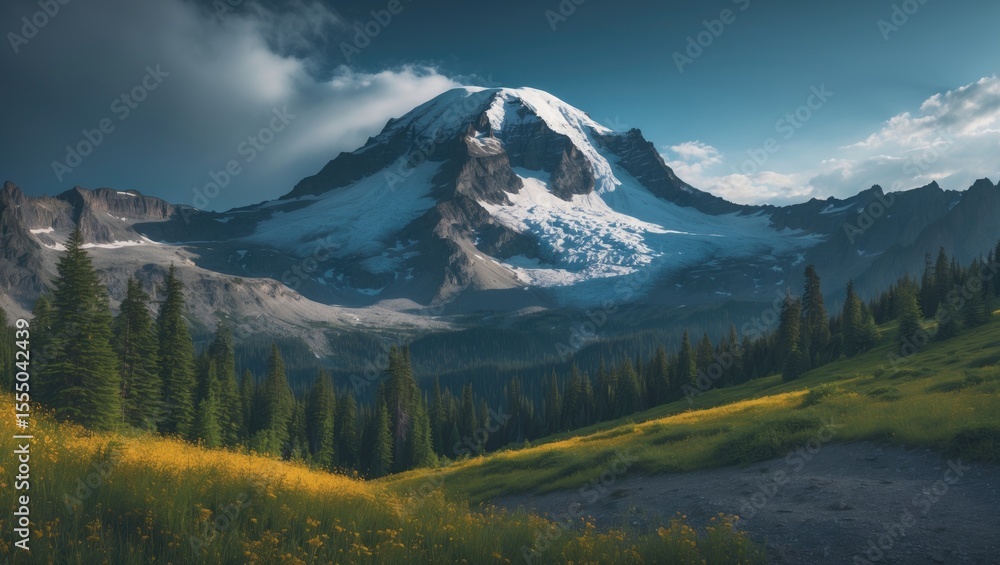 Fototapeta premium Snow-capped mountain with lush green forests and a vibrant meadow under a dramatic cloudy sky.