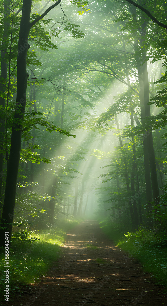 Fototapeta premium Enchanted Forest Path Sunbeams Through Misty Woods