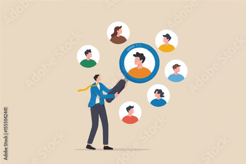 Man with magnifying glass focusing on a person in a circle isolated on transparent background