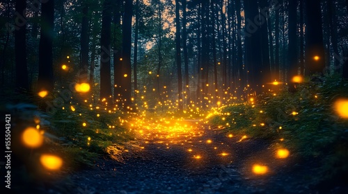 Wallpaper Mural A forest path illuminated by glowing orbs with tall trees in the background at twilight time Torontodigital.ca