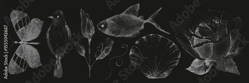 Grunge vintage collection of photocopy halftone elements in Y2K aesthetic.graphic tattoo.Gothic punk poster.Trendy elements with retro effect.